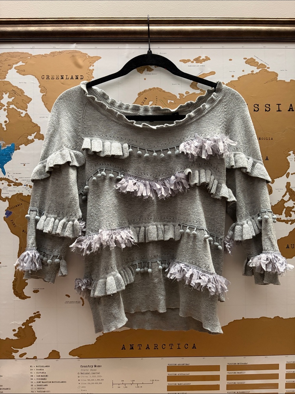 Light Gray Ruffle Scoop-Neck Sweater with Tassel Trim